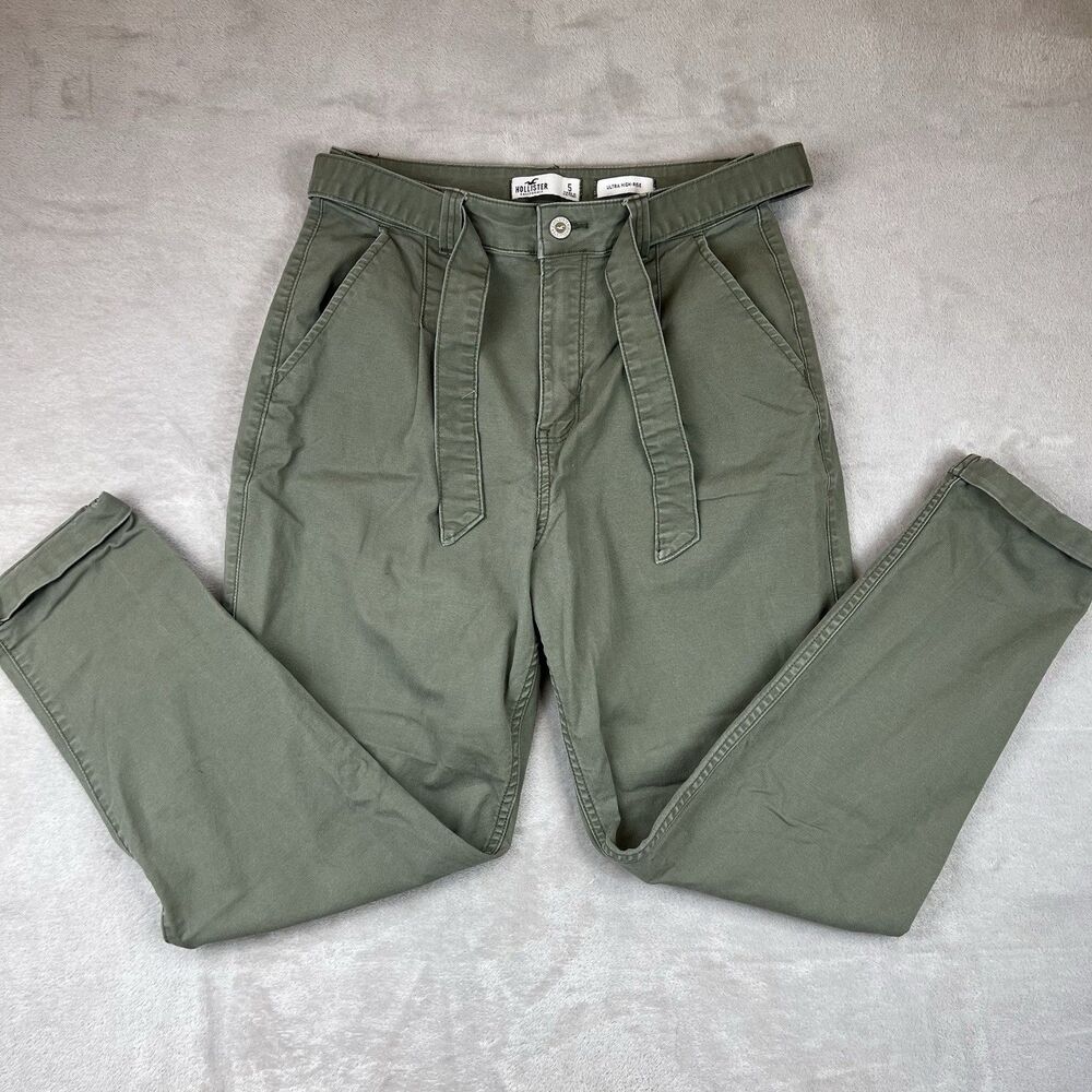 Hollister Ultra High Rise Paperbag Pants Womens Size 5 Olive Army Green Tapered